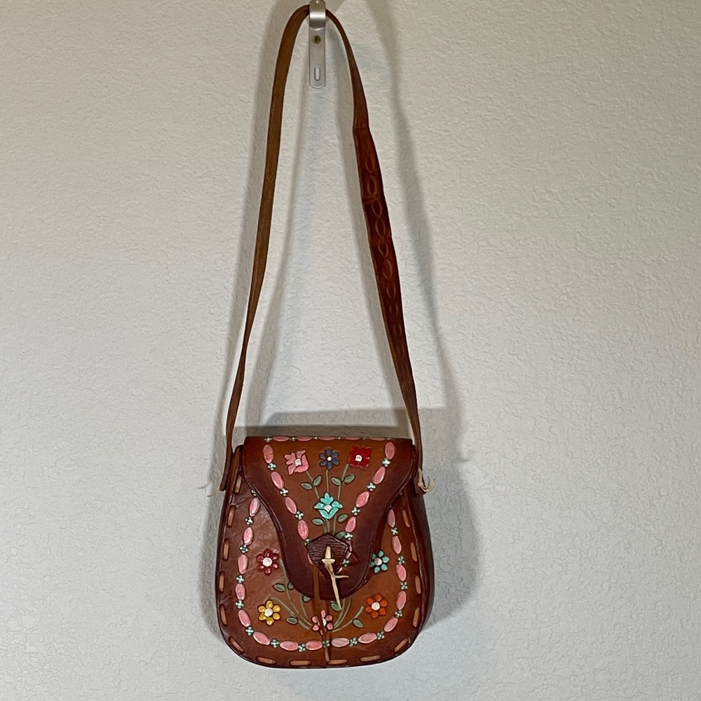 Vintage 70's Painted & Hand Tooled Brown Leather Purse